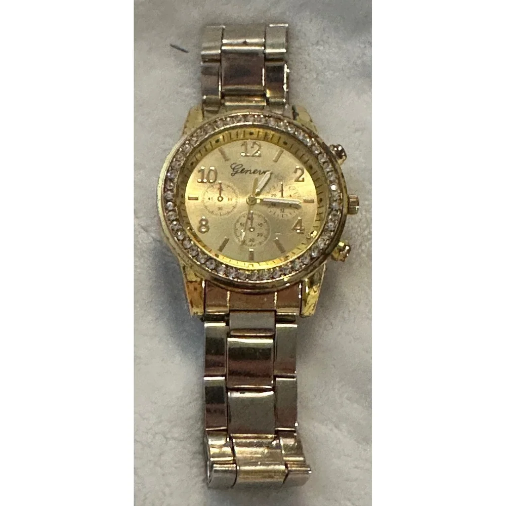 Geneva Gold Tone Rhinestone Bezel Faux‎ Chrono Quartz Analog Women's Wrist Watch
